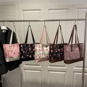 3 Pcs Set Cherry Print Tote Bag for Women Large Capacity Shoulder Handbag Cute Casual Shopping Bag with Small Pouch