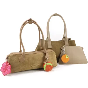 3 Piece Durable Suede & Leather Handbag Set with Embossed Logo Zipper Closure Chains Matching Pouch for Daily Office Casual Use
