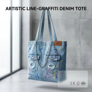 3322 D Designer Womens Artistic Line Graffiti Denim Tote Bag Four Straps Large Capacity Distressed Patchwork Travel Handbag