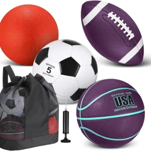 4 Pcs Sports Balls Set Include Official Size Basketball Soccer Football Playground Ball Pump Equipment Bag Teen Adult Ball Gifts