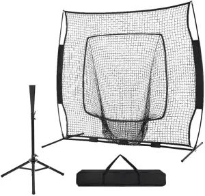 7 X 7 ft Durable Baseball Softball Practice Hitting Pitching Net with Carry Bag & Strike Zone Bow Frame Left Right Handed Black