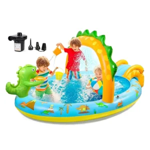 96″L X 59″W X 39″H Inflatable Dinosaur Themed Water Play Center Slide Sprayer Kids Phthalates Amusement Facilities