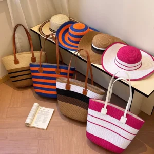 BLL0018 Handmade Large Straw Tote Bag and Hat Set for Women Fashionable Summer Beach Accessory for Holidays Seaside Beaches