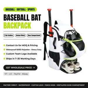 Baseball Backpack White Black Waterproof Softball Bat Bag 2 Bat Holders Helmet Bungee Net Shoe Compartment Custom Logo