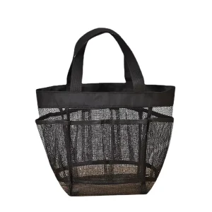 Black Mesh Tote Bag With Side Pockets Portable Large Capacity Beach Shopping Handbag Custom Logo for Outdoor Travel
