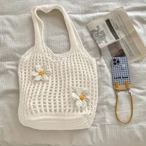 Bohemian Crochet Beach Tote Bag Women’s Handbag Flower Mesh Hollow Tote Bag Hippie Knitted Bag