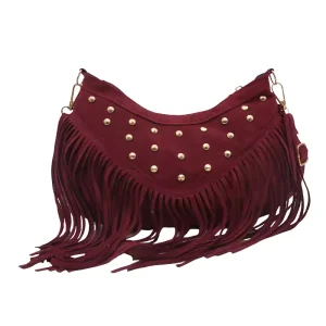 Bohemian Style Single Handle Carving Crossbody Bag Clutch Portable Tassel Stone Decorated Luxury Saddle Shape Zipper Polyester
