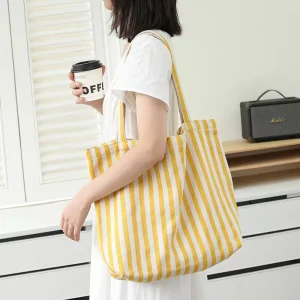 Casual Artistic Big Striped Tote Bag Forest Style Contrasting Color Canvas Handbag Women’s Bag
