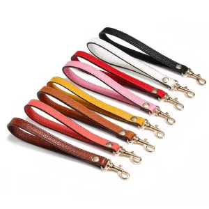 Cowhide Leather Lychee Pattern Short Wrist Strap Bag Accessories Purse Clutch Bags Strap With Keychain