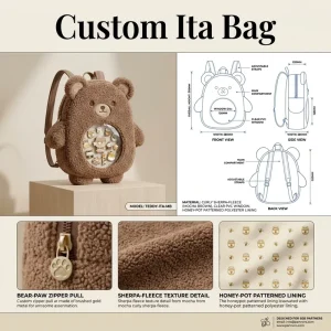 Custom Curly Plush Bear Ita Bag Clear PVC Round Window Brushed Gold Metal Hardware Adjustable Straps Cute Animal Merch Holder
