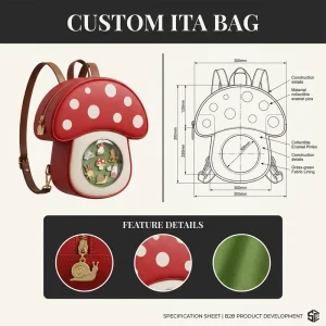 Custom Kawaii Red Mushroom Ita Bag White Polka Dot Pattern Pu Leather Snail Zipper Pull Grass Green Lining Pin Display Backpack
