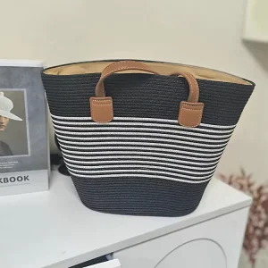 Custom Large Capacity Beach Stripe Tote Bag Supermarket Shopping Portable Hand Woven Straw Women’s Travel Accessory