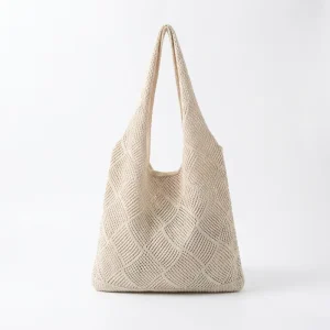 Custom Logo Cotton Knitted Tote Bag Hollow Out Mesh Crochet Handbag for Summer Beach Women Shopper Bag
