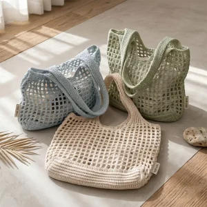 Custom Logo Crochet Tote Bag with Heavy Duty Knitted Mesh for Summer Beach and Reusable Market Shopping Bag