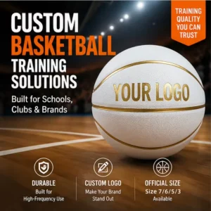 Custom Logo White PU Fiber Composite Leather with Gold Lines Basketball Ball for Giveaways Events & Merchandise