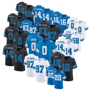 Custom New Black Motor City American Football Jersey Short Sleeve Printed Jared Goff 16 St. Brown 14 Gibbs 0 Hutchinson 97