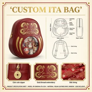 Custom Red Daruma Ita Bag Thread Embroidery Silk Lining Coin Zipper Pull Premium Vegan Leather Aesthetic Pin Display Backpack