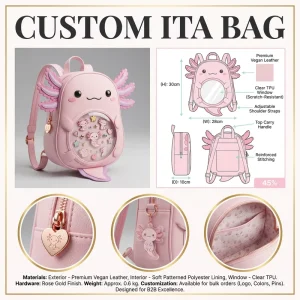 Custom Sea Creature Axolotl Ita Bag Reinforced Stitching Adjustable Straps Patterned Lining Handle Unique Pin Display Daypack