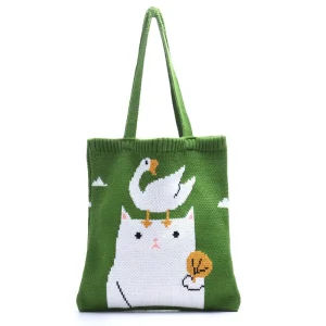 Custom Vintage Japan Knitted Tote Shoulder Bag for Girls Cute Cartoon Design Two Straps Open Closure