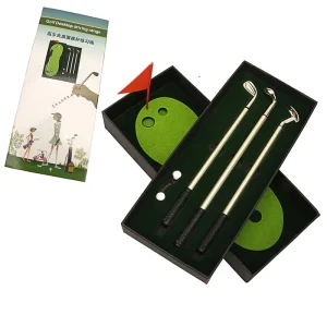 Custom logo Mini Desktop Golf Gift Set with Putting Green Flag and 3 Colour Metal Club Neutral Pens Golf Accessories
