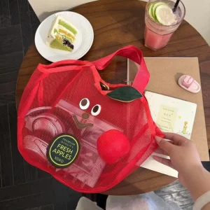 Cute Apple-Print Mesh Tote Beach Bag Portable Toiletry Bag Multi-functional Storage Bag, Bathroom, Gym, and Swimming Bag