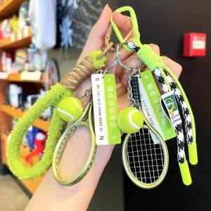 DIY Gym Series Mini Rackets Fuzzy Balls Tennis-Themed Keychain Set Gift for Tennis Lover