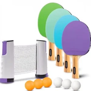 Durable Portable Ping Pong Set Retractable Net All-in-One Table Top Family Game (4-Player Set) Includes Paddles Balls