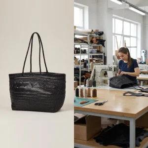 Eco Friendly Black Woven Tote Shoulder Bag Recycled Genuine Leather Large Capacity Open Handbag for Women