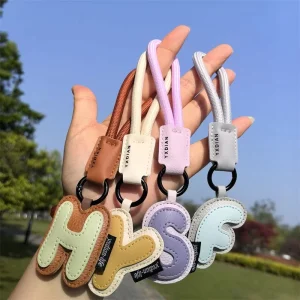Elegant Luxury Daily Use Bag Accessories Custom Initial Engraved Durable Genuine Leather Pendant Keychain DIY Charm Gold 12mm