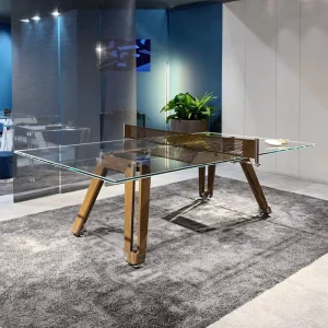 Entertainment Table Tennis Table with Solid Wood Legs and Crystal Clear Tempered Glass Top Club Style Table Tennis Table