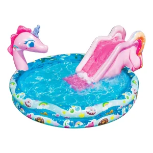 Factory 78″L X 60″W X 32″H Inflatable Unicorn Play Center Spray Kiddie Pool with Water Slide Outdoor Splash Pad for Toddlers