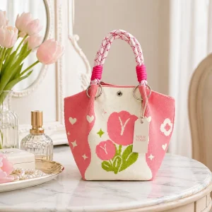 Factory Direct Plaid Woven Handbag Metal Ring Rope Handle Knit Tote for Street Style Fashion Ladies