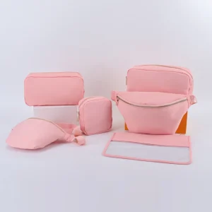 Factory No MOQ Peach Pink Tote Women Bags Set Travel Toiletries Organize Cosmetic Make up Pouches Nylon Makeup Bags