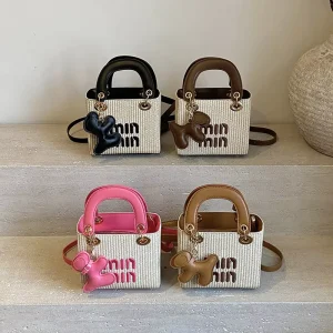Fashion Color Block Straw Weave Handbag Shoulder Tote Crossbody Dog Accessories Women Designer Crossbody Shoulder Bag