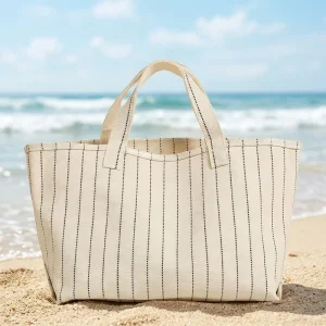 Fashion Eco-Friendly Personalized Striped Canvas Portable Shopping Handbags Outdoor Travel Beach Tote Bag Girls