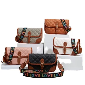 Fashion Lady PU Single Strap Polyester Lining Zipper Closure Letter Chain Diamond Lattice Winter Messenger Shoulder Bag