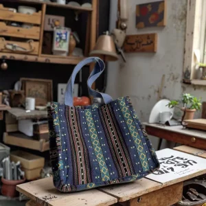 Fashion Tribal Ethnic Style Canvas Shopping Vest Bag Geometric Striped Pattern Single Open Large Capacity Wide Shoulder