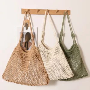 Fashionable Fan Shaped Large Mesh Woven String Closure High Capacity Hollowed Out Straw Shoulder Bag for Beach Vacation