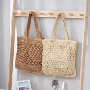 Fashionable Lady Straw Crochet Shoulder Bag Two Straps ZIP Closure Soft Straps Spring Autumn Summer Beach Travel Bag Women