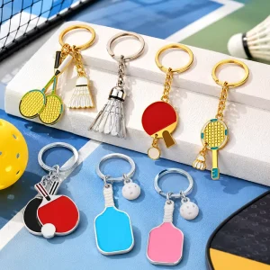 Fast Shipping 3D Shuttlecock Ping Pong Paddle Tennis Pickleball Zinc Alloy Enamel Sports Metal Keychain
