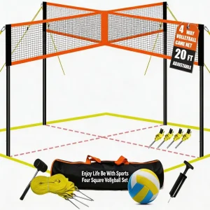 Four Way Volleyball Badminton Combo Net Set Soft Ball Rubber Hammer Carry Bag Adjustable Height Backyard Beach Family Games