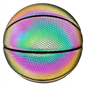 HW HOLOWIN Reflective Glowing Holographic Luminous Basketball Leather Cover Natural Rubber Bladder for Adult Night Games Perfect