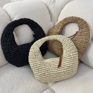 Handmade Knit Straw Bag Women Casual Underarm Hobo Bag Summer Beach Travel Shoulder Purse