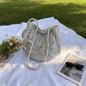 Handmade Metallic Ruffle Woven Underarm Bag Shoulder Bag for Women Summer Holiday Party Fashion Beach Accessory