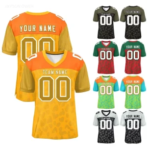 High Quality Custom Camouflage Color Contrast Retro American Football Sports Short Sleeved Design Featuring the Team logo