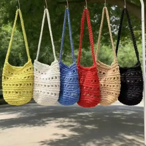 Hollow Out Weave Bucket Bags Single Shoulder Bags Vacation Cotton Rope Crochet Tote Bag Womens Handmade Knitted Handbag