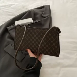 KH Chic Vintage Monogram Shoulder Bag with Retro Baguette Shape Trendy PU Leather Underarm Bag for Women Street Style