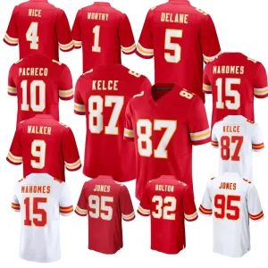 Kansas City Fully Stitched #1 Worthy #4 Rice #9 Walker #5 Delane #15 Mahomes #87 Kelce American Football Jersey
