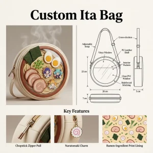 Kawaii Japanese Ramen Bowl Ita Bag Premium PU Leather Chopstick Zipper Pull Charm Aesthetic Pin Display Bag Unique Round Purse