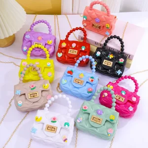 Kids Cute Jelly Purse with Beaded Handle Colorful PVC Mini Crossbody Bag Cartoon Charm Toddlers Handbag Accessories Shoulder Bag